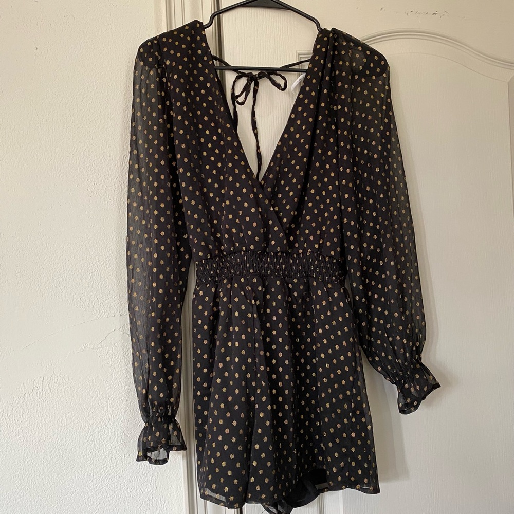 Elegant Lulus Black and Gold Polka Dot Romper